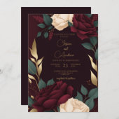 Bloemrijke bordeauxrode cramerosen luxe trouwen kaart (Voorkant / Achterkant)