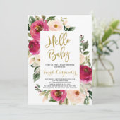 Bloemrijke bordeauxroze en roze baby shower meisje kaart (Staand voorkant)