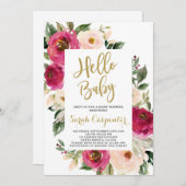 Bloemrijke bordeauxroze en roze baby shower meisje kaart (Voorkant / Achterkant)