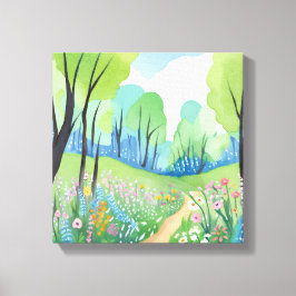 Bloemrijke Bos | Natuur Waterverf Wilde Bloemen Canvas Afdruk