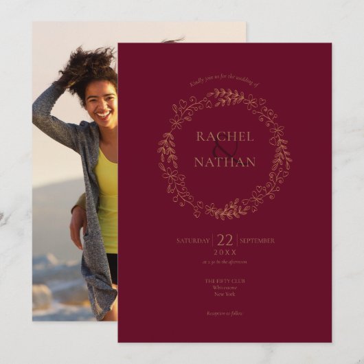 Bloemrijke Bourgogne laurierkrans foto bruiloft Kaart (Voorkant / Achterkant)