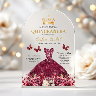 Bloemrijke Bourgondië Vlinder Prinses Quinceanera Acryl Uitnodigingen