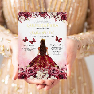Bloemrijke Bourgondië Vlinder Prinses Quinceanera Folie Uitnodiging