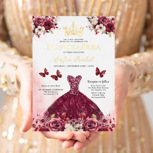 Bloemrijke Bourgondië Vlinder Prinses Quinceanera Folie Uitnodiging