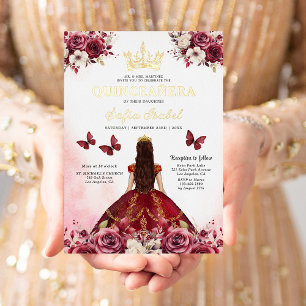 Bloemrijke Bourgondië Vlinder Prinses Quinceanera Folie Uitnodiging
