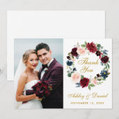 Bloemrijke Bourgondiërode Blauwe Krans Trouw Goud Bedankkaart (Voorkant / Achterkant)