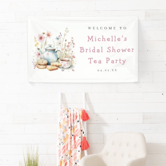Bloemrijke Bruiloft Theepartij Welkom Spandoek (Insitu)