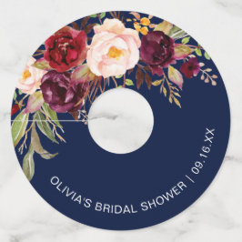 Bloemrijke bruiloftsfeest in burgundy en marinebla wijnglaslabel