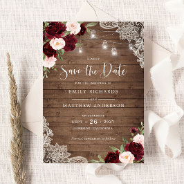 Bloemrijke Burgundy Blush Kant Hout Save the Date Kaart