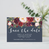 Bloemrijke Burgundy Navy Save the Date Kaart (Staand voorkant)