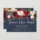 Bloemrijke Burgundy Navy Save the Date Kaart (Voorkant / Achterkant)