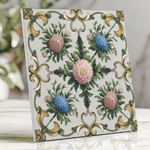 Bloemrijke Chinoiserie Roze en Blauwe Chrysanthemu Tegeltje