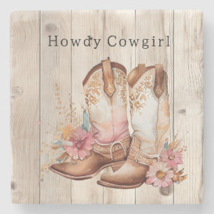 Bloemrijke Cowgirl-laarzen Ivoor Kleur Nep Hout Pe Stenen Onderzetter