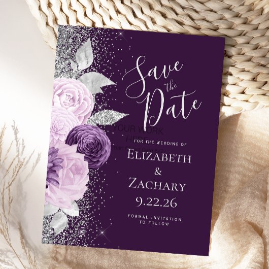 Bloemrijke Diepe Paarse Lavendel Zilveren Glitter Briefkaart