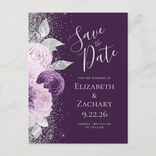 Bloemrijke Diepe Paarse Lavendel Zilveren Glitter Briefkaart (Voorkant)