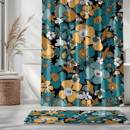 Bloemrijke Doodles Aqua Turquoise Mosterd Zwart Wi Douchegordijn