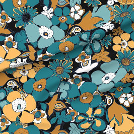 Bloemrijke Doodles mosterdgeel turquoise aqua  Stof