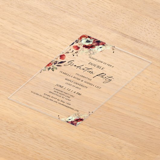 Bloemrijke dubbele afstudeerfeest Twin afstudeerfe Acryl Uitnodigingen (Laagn)