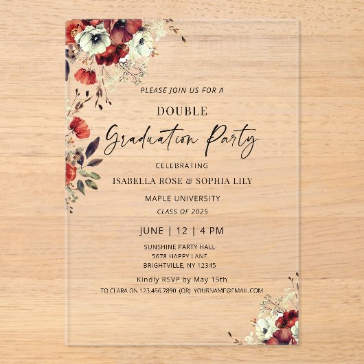 Bloemrijke dubbele afstudeerfeest Twin afstudeerfe Acryl Uitnodigingen (Voorkant)