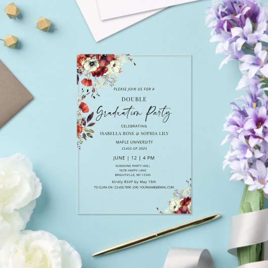 Bloemrijke dubbele afstudeerfeest Twin afstudeerfe Acryl Uitnodigingen (Insitu (Huwelijk))