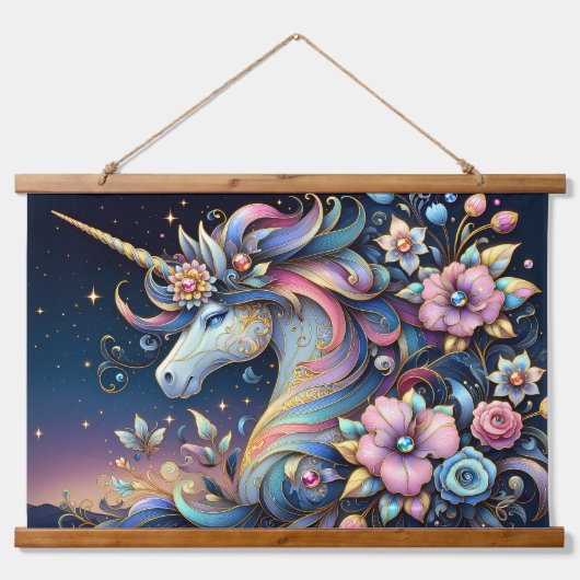 Bloemrijke Eenhoorn Nacht Fantasie Hangend Wandkleed (Voorkant)