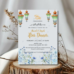 Bloemrijke Elegante Blauwe Lantaarn Ramadan Iftar Kaart