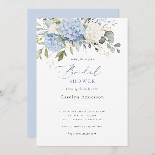 Bloemrijke Elegante Blauwe Witte Hortensia Bruidsd Kaart (Voorkant / Achterkant)