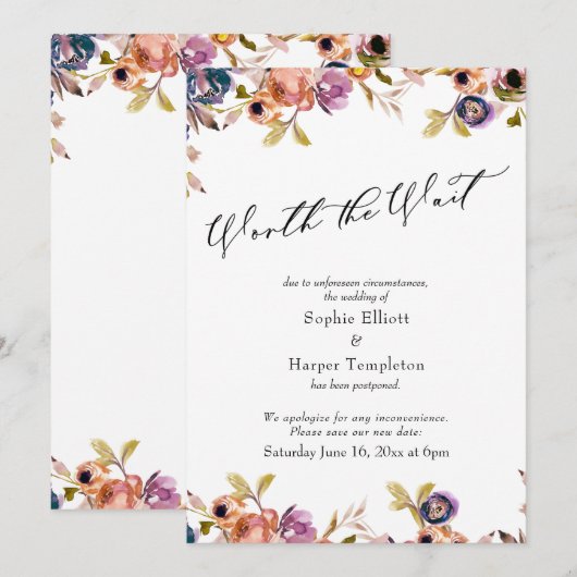 Bloemrijke Elegante Uitgestelde Bruiloft Waard om  Kaart (Voorkant / Achterkant)