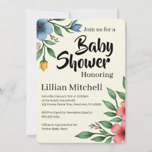 Bloemrijke Elegantie Baby Shower Uitnodiging
