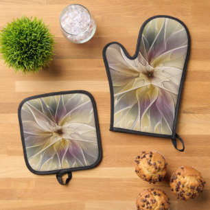 Bloemrijke Fantasie Goud Aubergine Abstracte Fract Ovenwant & Pannenlap Set
