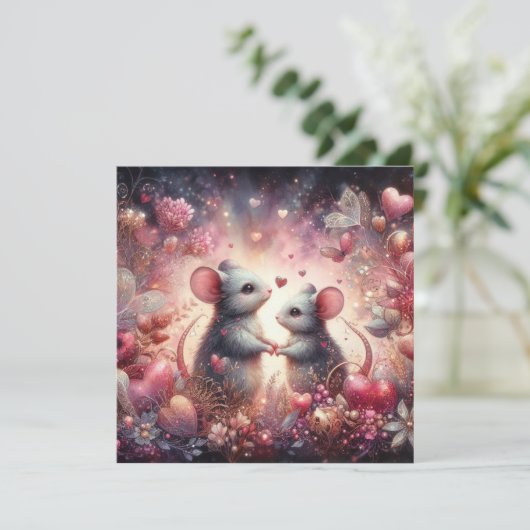 Bloemrijke Fantasie Harten Muizen Waterverf Valent Feestdagenkaart (Staand voorkant)