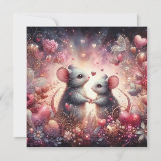 Bloemrijke Fantasie Harten Muizen Waterverf Valent Feestdagenkaart (Voorkant)