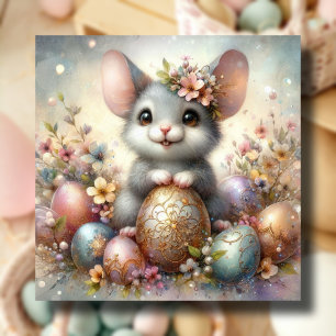 Bloemrijke fantasie met knuffelachtige Paasmaus en Feestdagenkaart