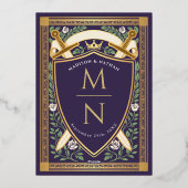 Bloemrijke Fantasie Zwaarden Schild Monogram Huwel Folie Uitnodiging (Achterkant)