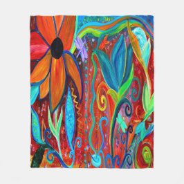 Bloemrijke felle kleuren oranje, blauw groen fleece deken
