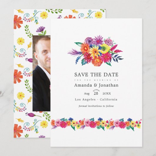 Bloemrijke Fiesta Bruiloftsfoto Save The Date (Voorkant / Achterkant)