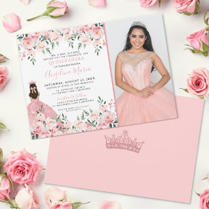 Bloemrijke Foto Blush Roze Quinceanera Kaart