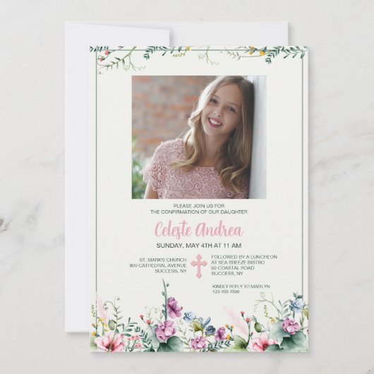 Bloemrijke Foto Religieuze Uitnodiging (Voorkant)