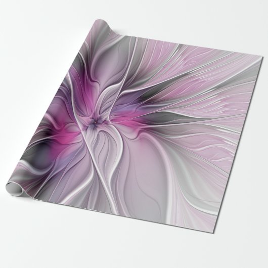 Bloemrijke Fractale Moderne Abstracte Bloem Roze G Cadeaupapier (Uitgerold)