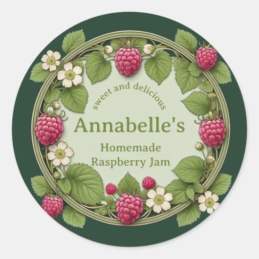 Bloemrijke frambozenjam ronde sticker (Voorkant)