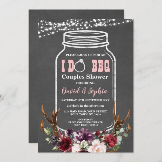 Bloemrijke Geweih Mason Jar Krijtbord I DO BBQ Kaart (Voorkant / Achterkant)