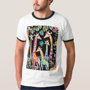 Bloemrijke Giraffenfamilie Tegen Zwarte Achtergron T-shirt