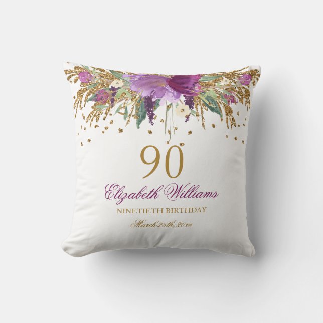 Bloemrijke Glitter Fonkelende Amethist 90ste Verja Kussen (Voorkant)