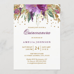Bloemrijke Glitter Fonkelende Amethist Quinceanera Kaart
