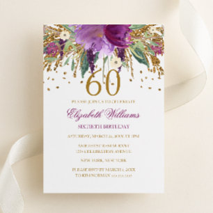 Bloemrijke Glitter Fonkelende Amethyst 60e Verjaar Kaart