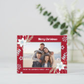 Bloemrijke Glitter Sneeuwvlokken Rode Kerst Foto Feestdagenkaart (Staand voorkant)