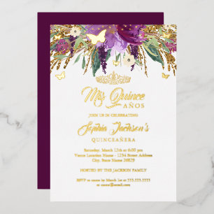 Bloemrijke Glitterende Amethist Quinceanera Folie Uitnodiging
