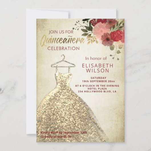 Bloemrijke gouden pailletten jurk Quinceañera Kaart (Voorkant)