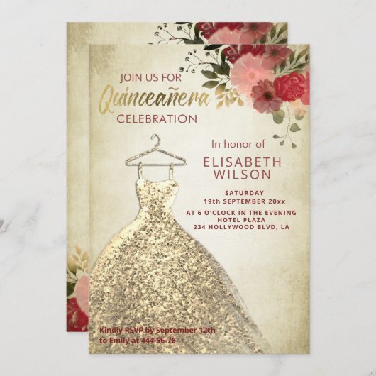  Bloemrijke gouden pailletten jurk Quinceañera Kaart (Voorkant / Achterkant)