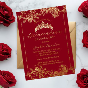 Bloemrijke Gouden Rode Vintage Quinceanera Folie Uitnodiging